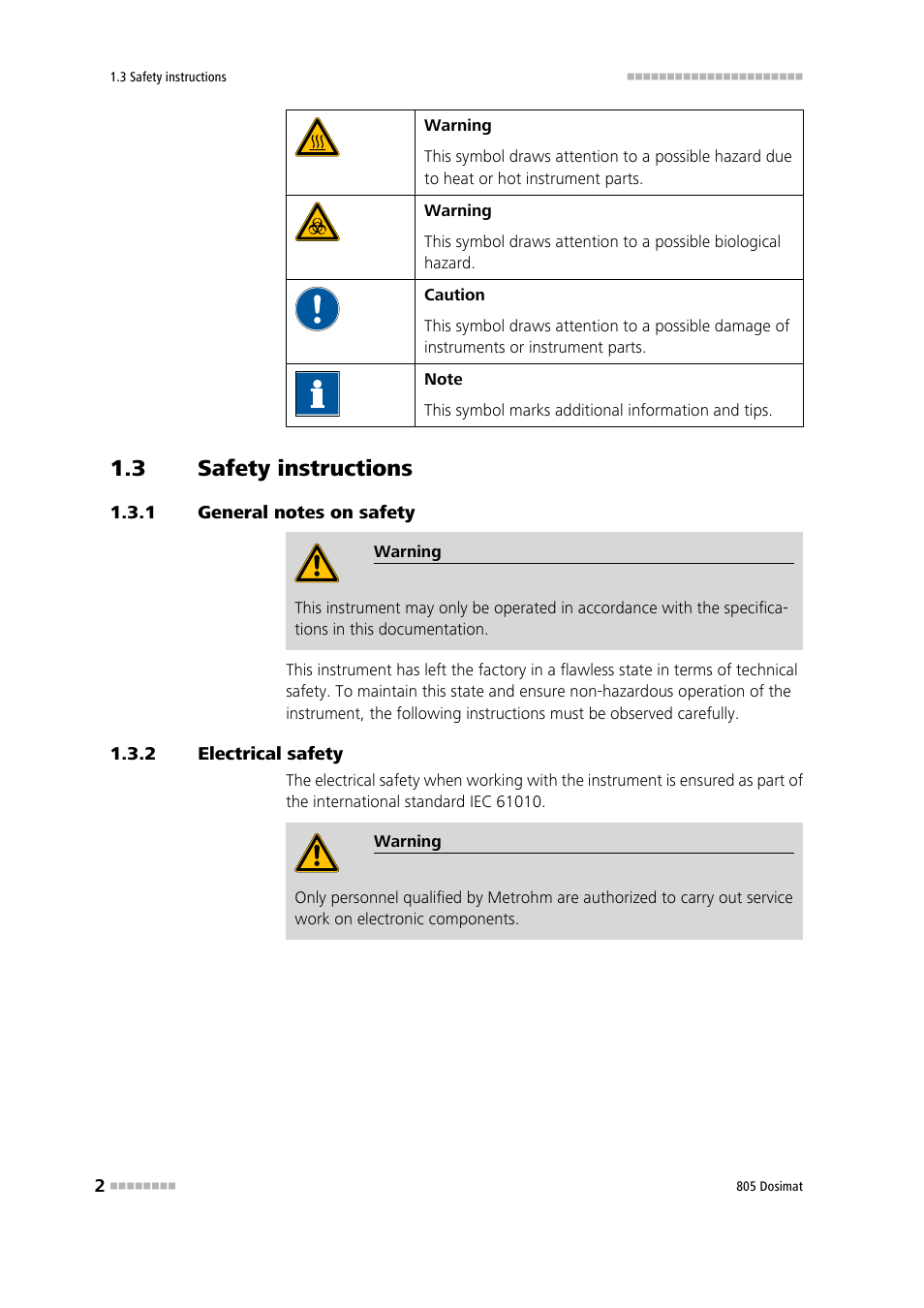 3 safety instructions, 1 general notes on safety, 2 electrical safety | Safety instructions, General notes on safety, Electrical safety | Metrohm 805 Dosimat User Manual | Page 10 / 34