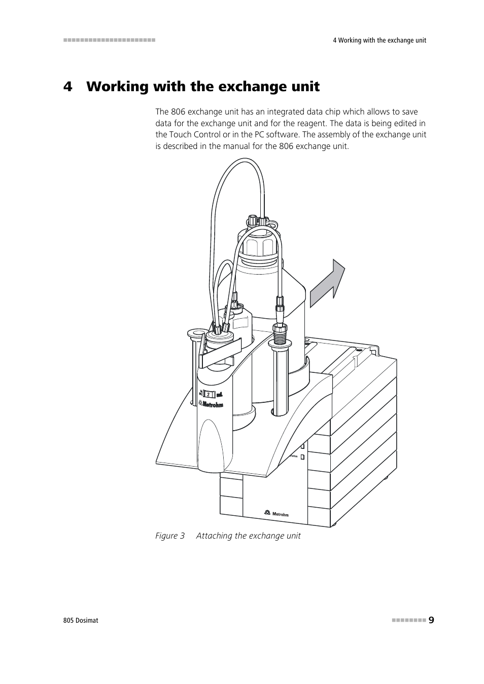 4 working with the exchange unit, Figure 3, Attaching the exchange unit | Metrohm 805 Dosimat User Manual | Page 17 / 34