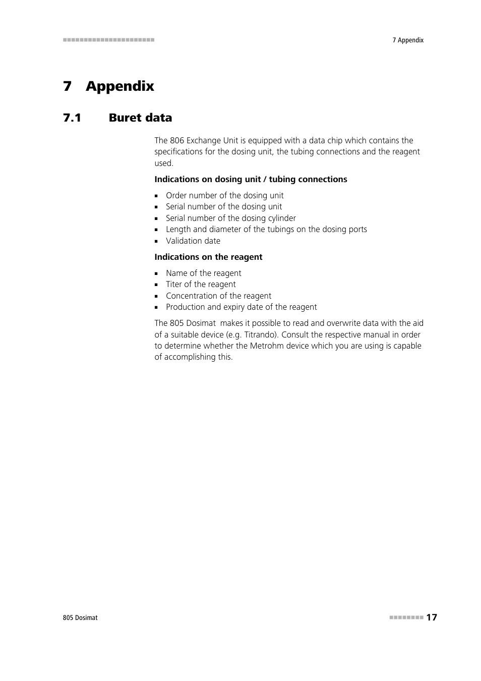 7 appendix, 1 buret data, Buret data | Metrohm 805 Dosimat User Manual | Page 25 / 34