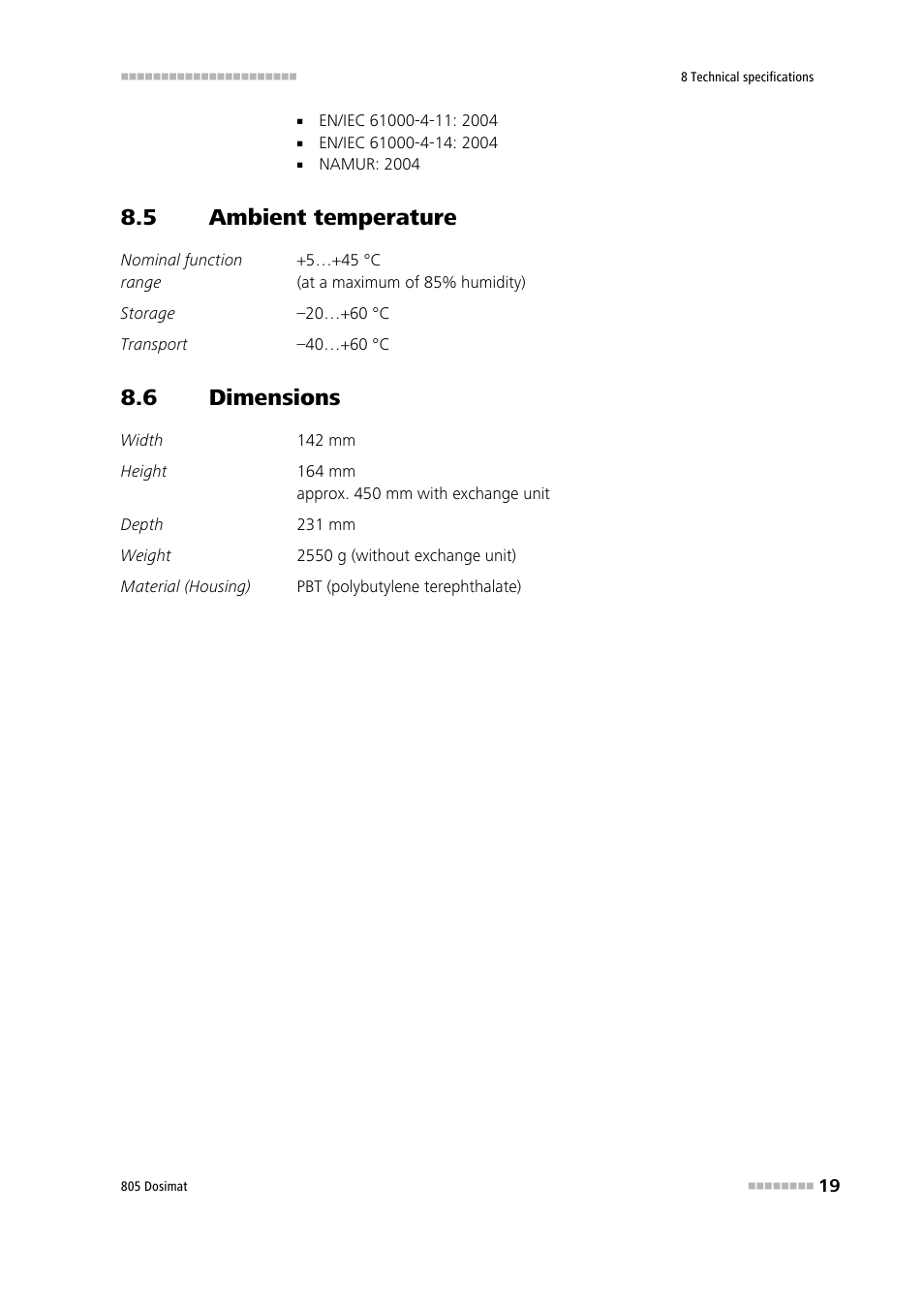 5 ambient temperature, 6 dimensions, Ambient temperature | Dimensions | Metrohm 805 Dosimat User Manual | Page 27 / 34