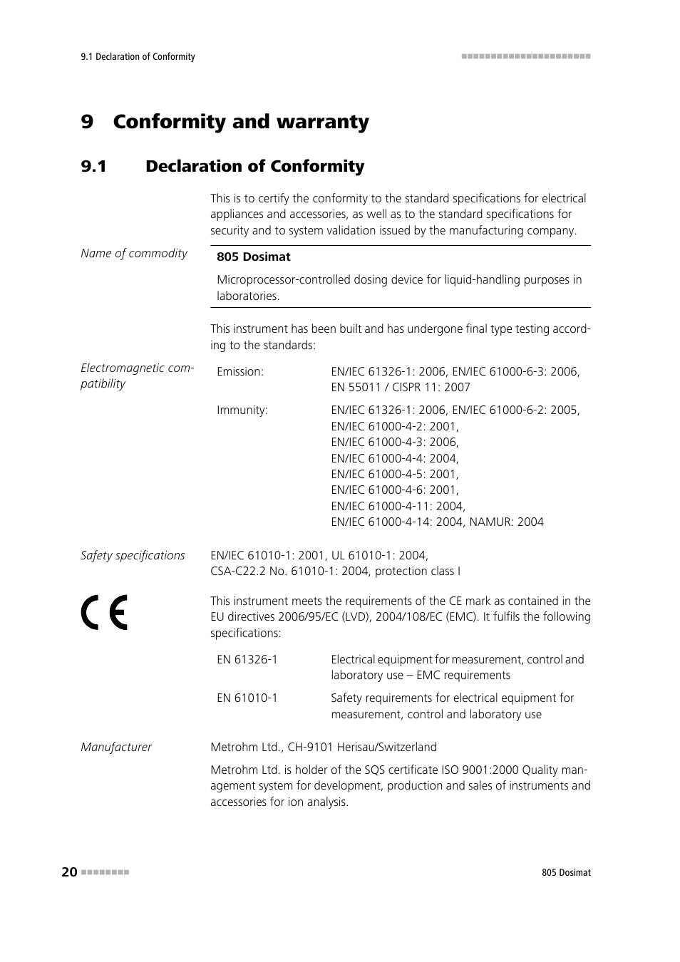 9 conformity and warranty, 1 declaration of conformity, Declaration of conformity | Metrohm 805 Dosimat User Manual | Page 28 / 34