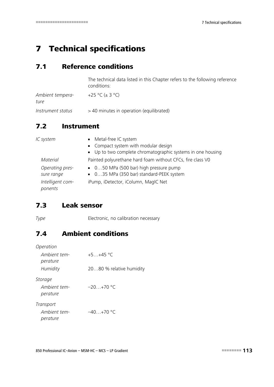 7 technical specifications, 1 reference conditions, 2 instrument | 3 leak sensor, 4 ambient conditions, Reference conditions, Instrument, Leak sensor, Ambient conditions | Metrohm 850 Professional IC Anion MSM-HC MCS LP-Gradient User Manual | Page 123 / 150