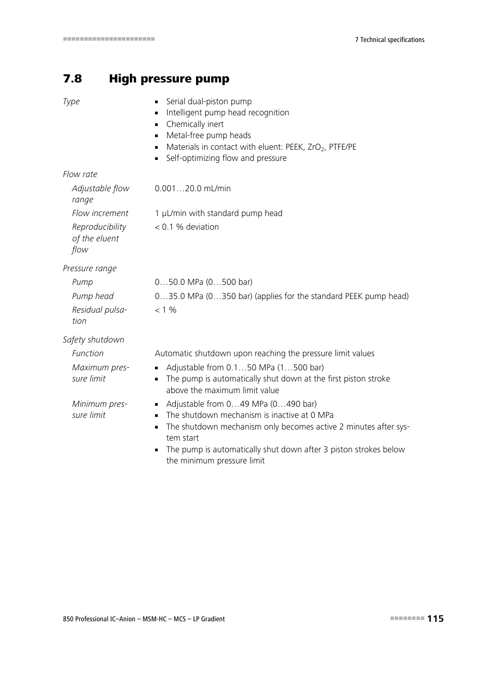 8 high pressure pump, High pressure pump | Metrohm 850 Professional IC Anion MSM-HC MCS LP-Gradient User Manual | Page 125 / 150