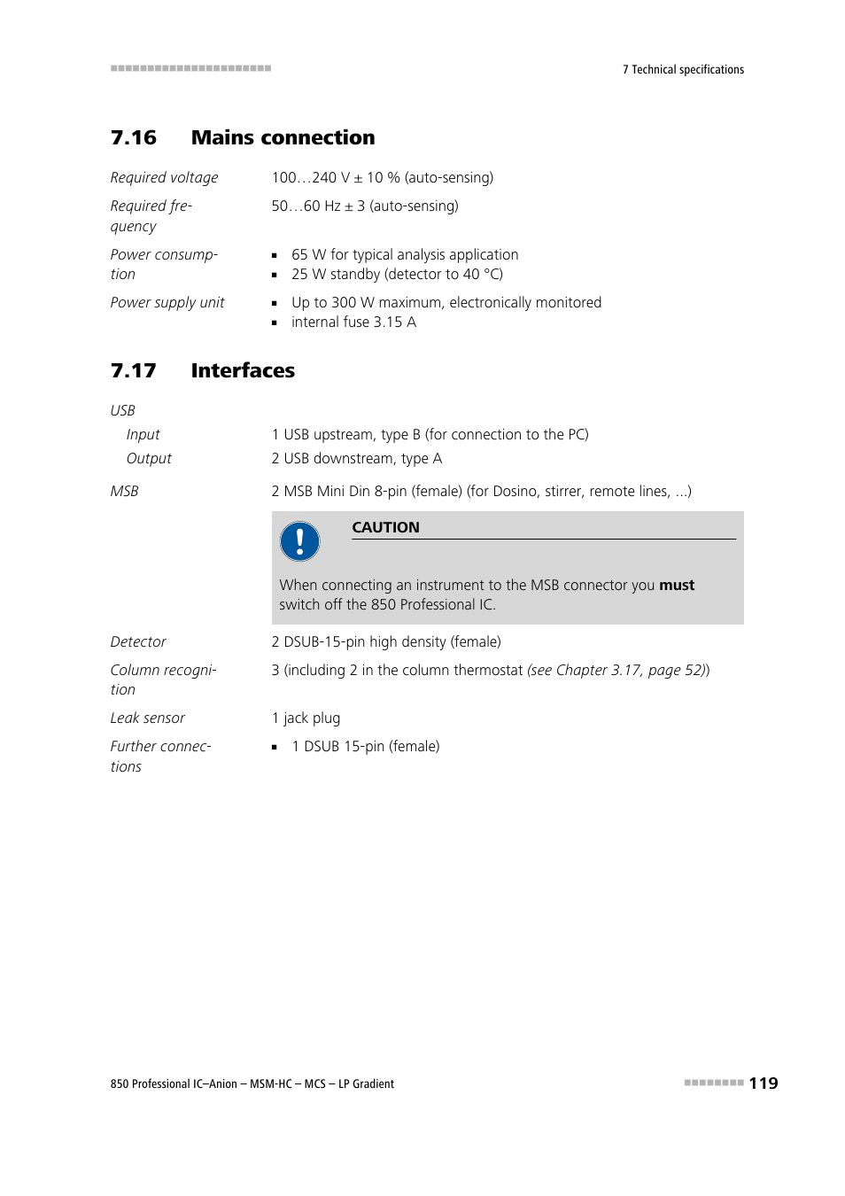 16 mains connection, 17 interfaces | Metrohm 850 Professional IC Anion MSM-HC MCS LP-Gradient User Manual | Page 129 / 150