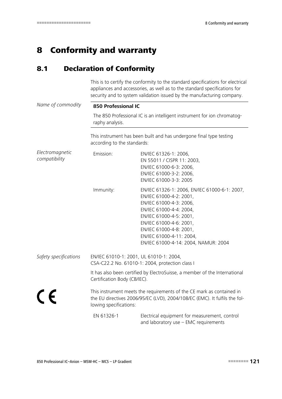 8 conformity and warranty, 1 declaration of conformity, Declaration of conformity | Metrohm 850 Professional IC Anion MSM-HC MCS LP-Gradient User Manual | Page 131 / 150