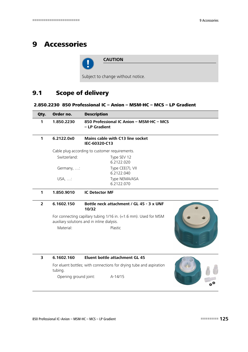9 accessories, 1 scope of delivery, Scope of delivery | Metrohm 850 Professional IC Anion MSM-HC MCS LP-Gradient User Manual | Page 135 / 150