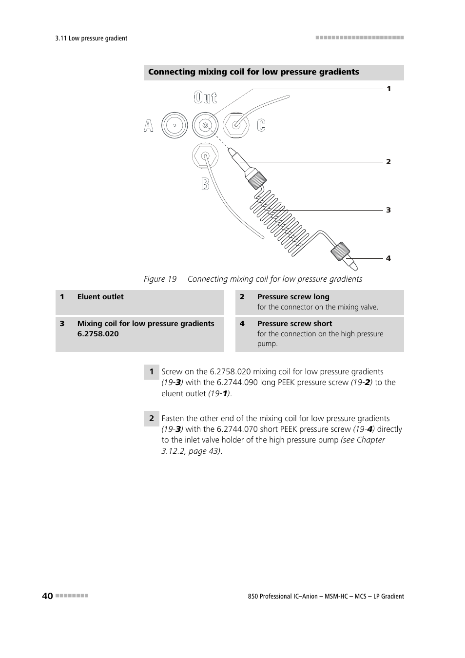 Figure 19, Connecting mixing coil for low pressure gradients | Metrohm 850 Professional IC Anion MSM-HC MCS LP-Gradient User Manual | Page 50 / 150