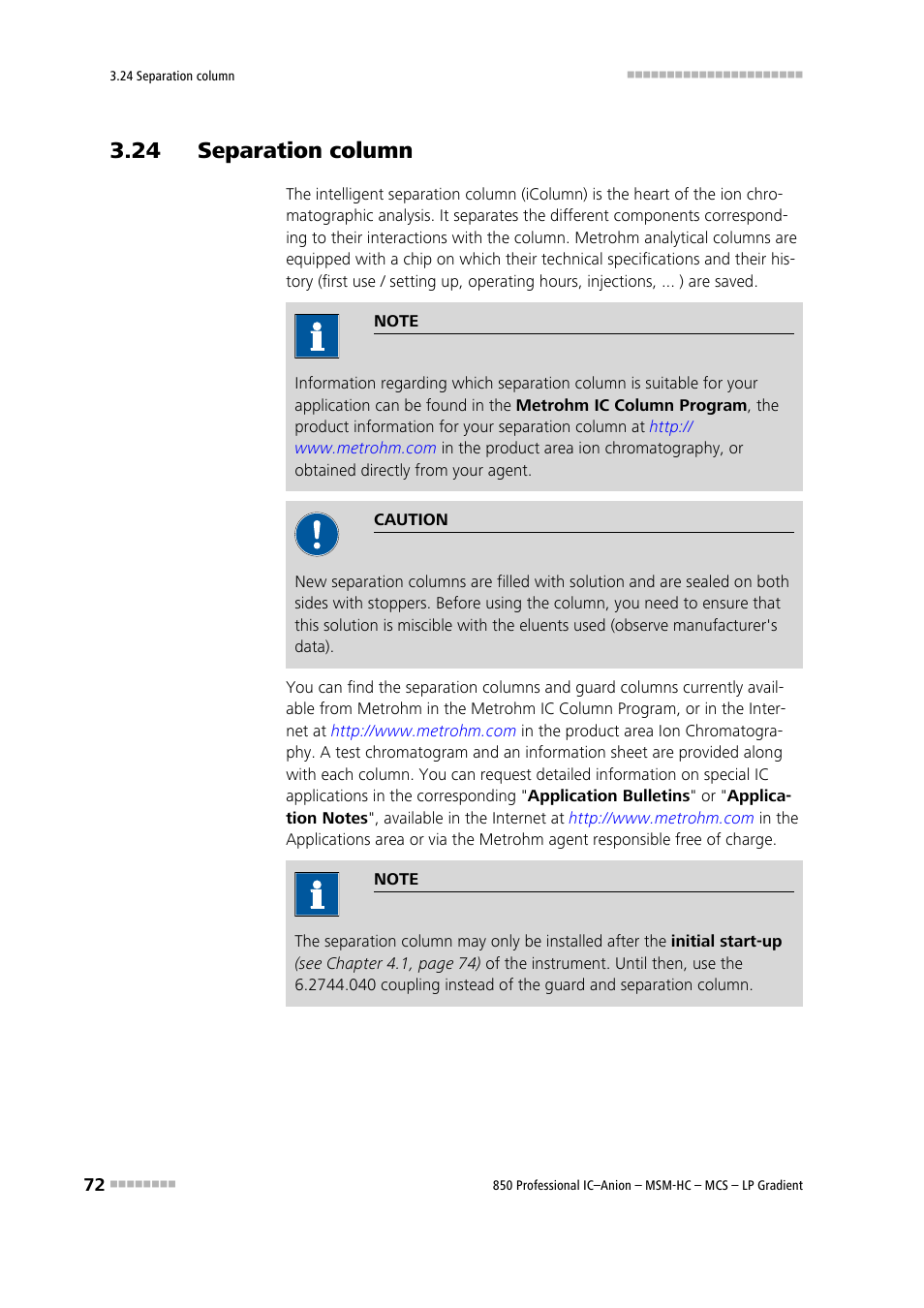 24 separation column | Metrohm 850 Professional IC Anion MSM-HC MCS LP-Gradient User Manual | Page 82 / 150