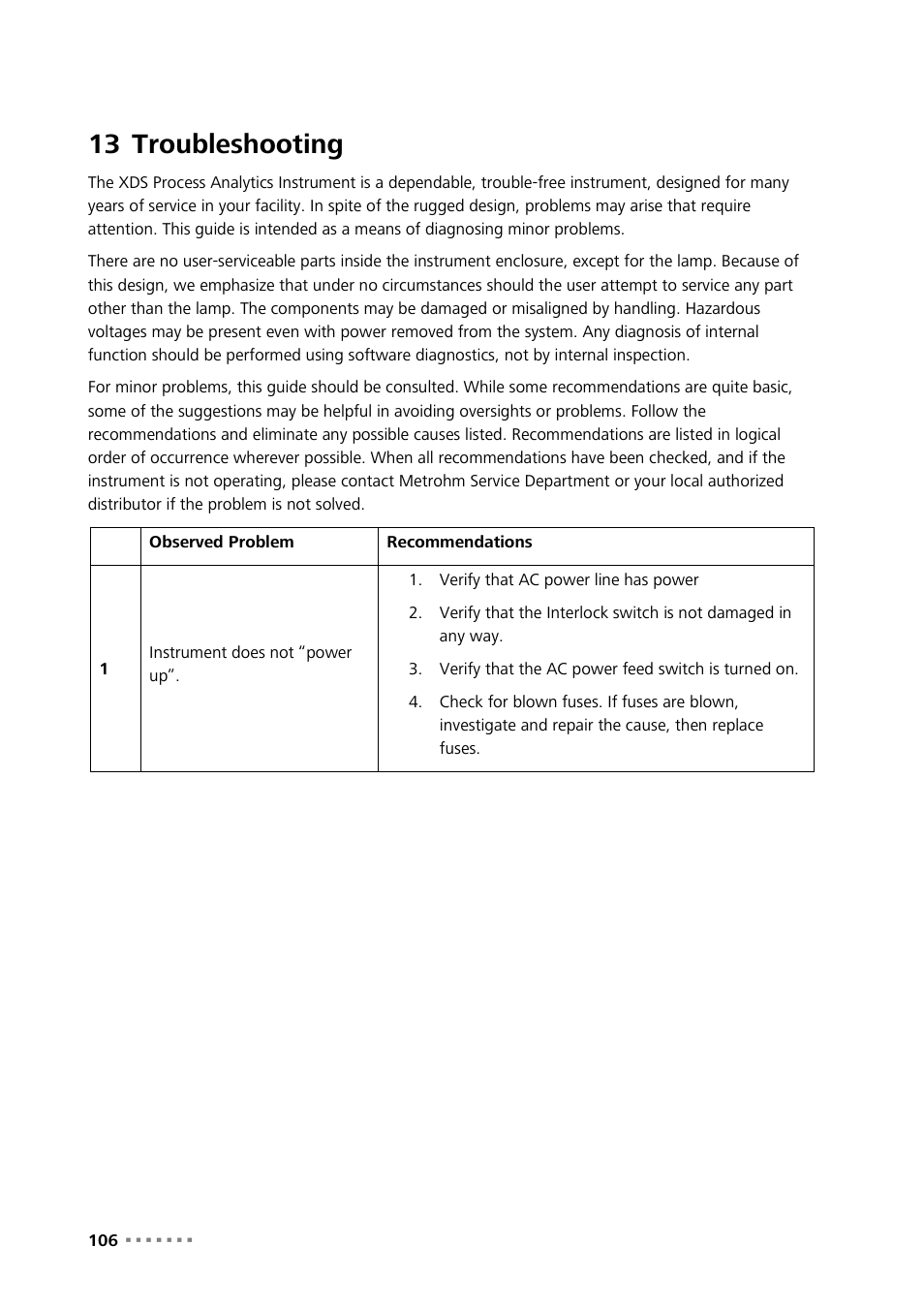 13 troubleshooting, Troubleshooting | Metrohm NIRS XDS Process Analyzer – MicroBundle User Manual | Page 108 / 114