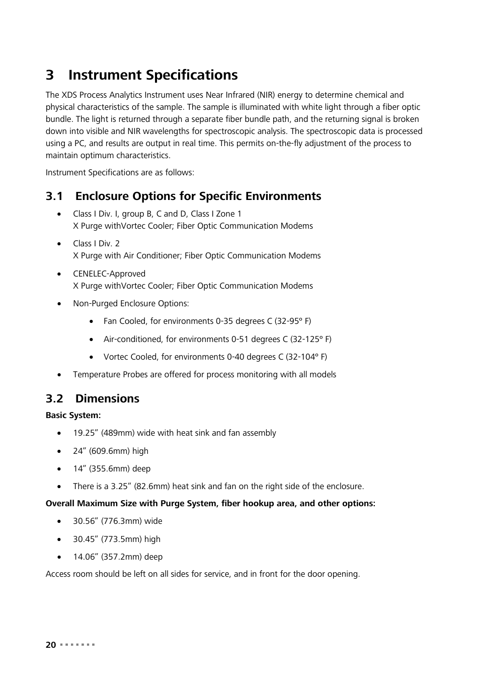 3 instrument specifications, 1 enclosure options for specific environments, 2 dimensions | Instrument specifications, Enclosure options for specific environments, Dimensions, 3instrument specifications | Metrohm NIRS XDS Process Analyzer – MicroBundle User Manual | Page 22 / 114