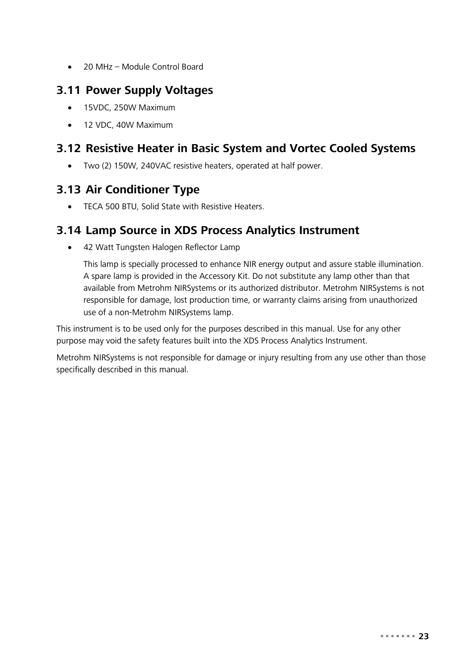 11 power supply voltages, 13 air conditioner type, 14 lamp source in xds process analytics instrument | Power supply voltages, Air conditioner type, Lamp source in xds process analytics instrument | Metrohm NIRS XDS Process Analyzer – MicroBundle User Manual | Page 25 / 114