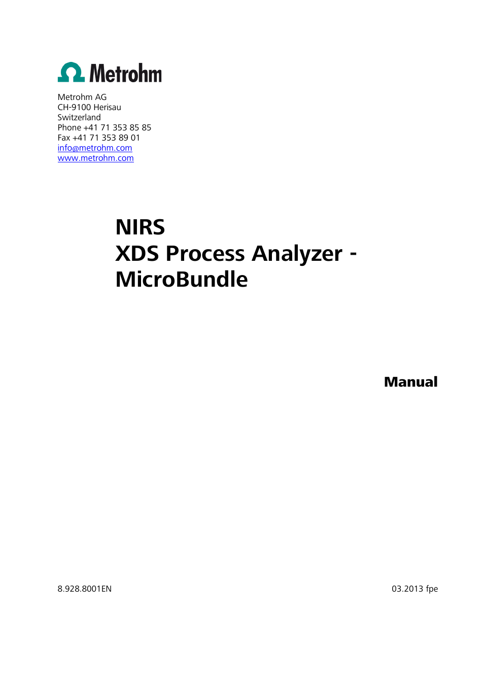 Nirs xds process analyzer - microbundle, Manual | Metrohm NIRS XDS Process Analyzer – MicroBundle User Manual | Page 3 / 114