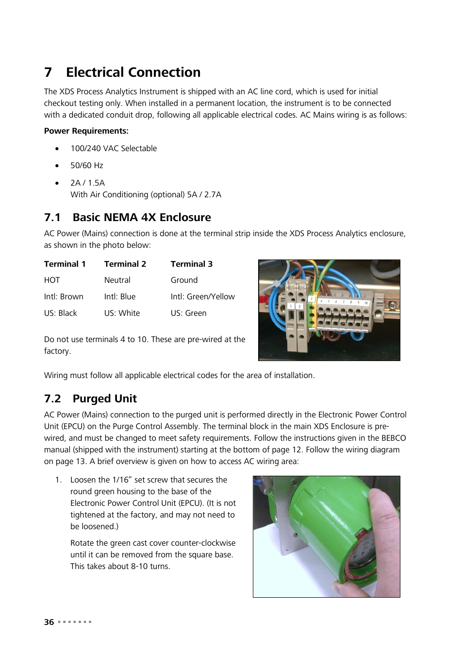 7 electrical connection, 1 basic nema 4x enclosure, 2 purged unit | Electrical connection, Basic nema 4x enclosure, Purged unit, 7electrical connection | Metrohm NIRS XDS Process Analyzer – MicroBundle User Manual | Page 38 / 114