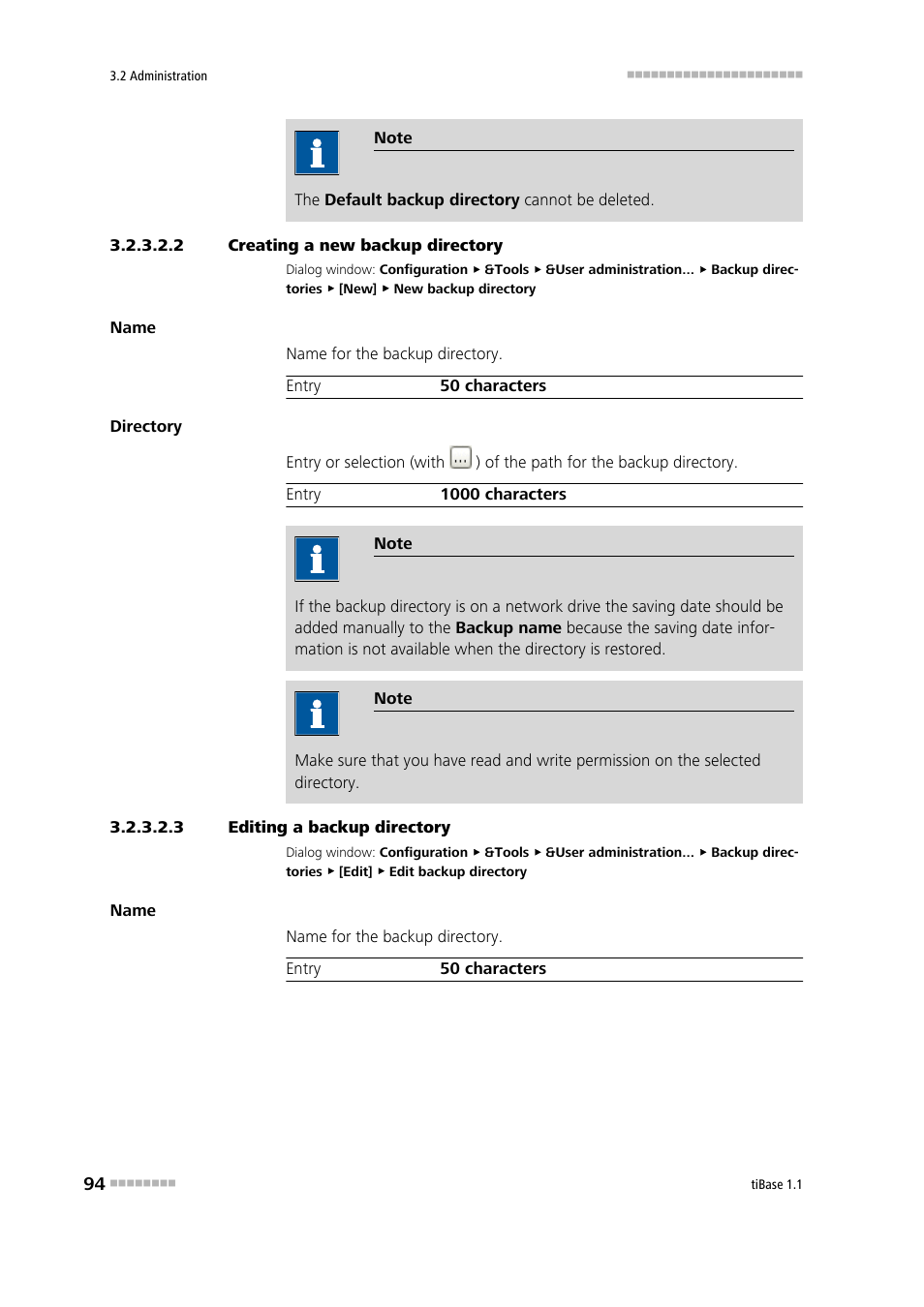 2 creating a new backup directory, 3 editing a backup directory | Metrohm tiBase 1.1 User Manual | Page 102 / 349