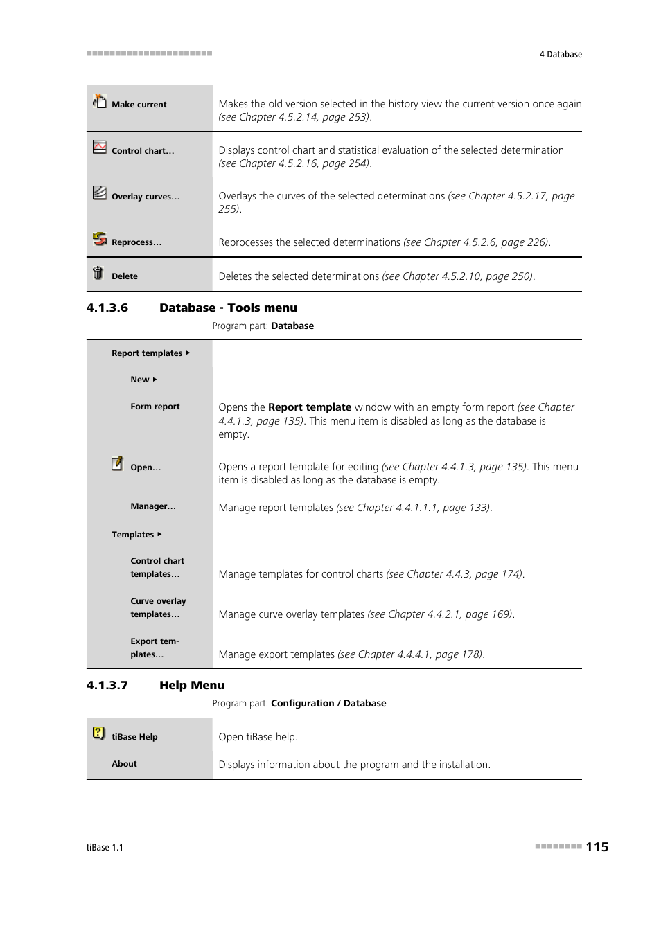 6 database - tools menu, 7 help menu, Tools | Metrohm tiBase 1.1 User Manual | Page 123 / 349