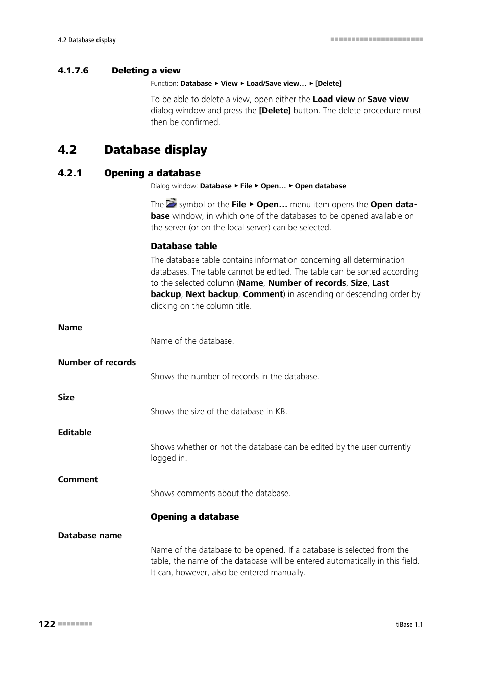 6 deleting a view, 2 database display, 1 opening a database | Database display, Opening a database, Deleting a database view | Metrohm tiBase 1.1 User Manual | Page 130 / 349