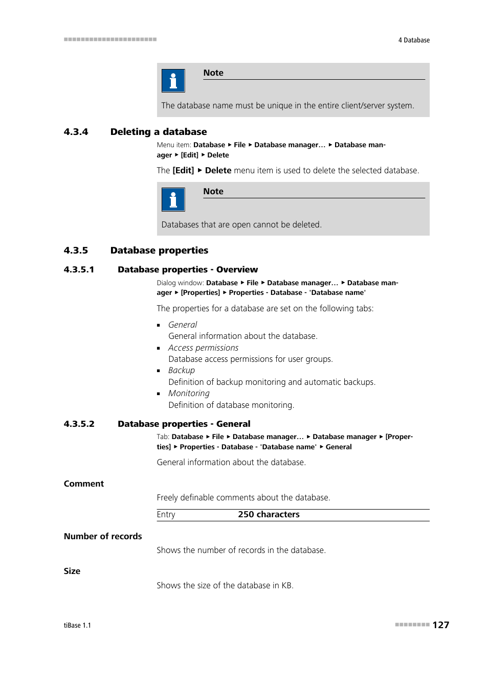 4 deleting a database, 5 database properties, 1 database properties - overview | 2 database properties - general, Deleting a database, Database properties, Editing database properties | Metrohm tiBase 1.1 User Manual | Page 135 / 349