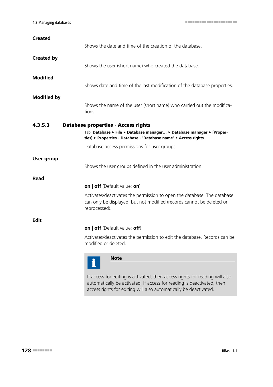 3 database properties - access rights, Access permissions | Metrohm tiBase 1.1 User Manual | Page 136 / 349
