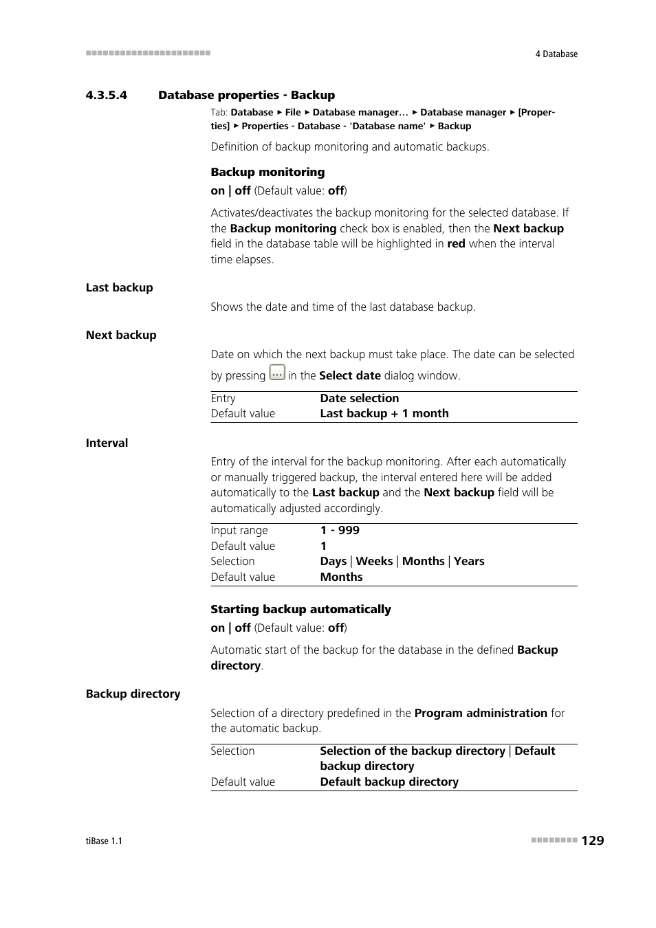 4 database properties - backup, Backup | Metrohm tiBase 1.1 User Manual | Page 137 / 349