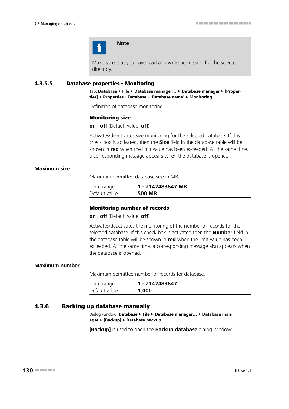 5 database properties - monitoring, 6 backing up database manually, Backing up database manually | Backing up a database, Monitoring | Metrohm tiBase 1.1 User Manual | Page 138 / 349