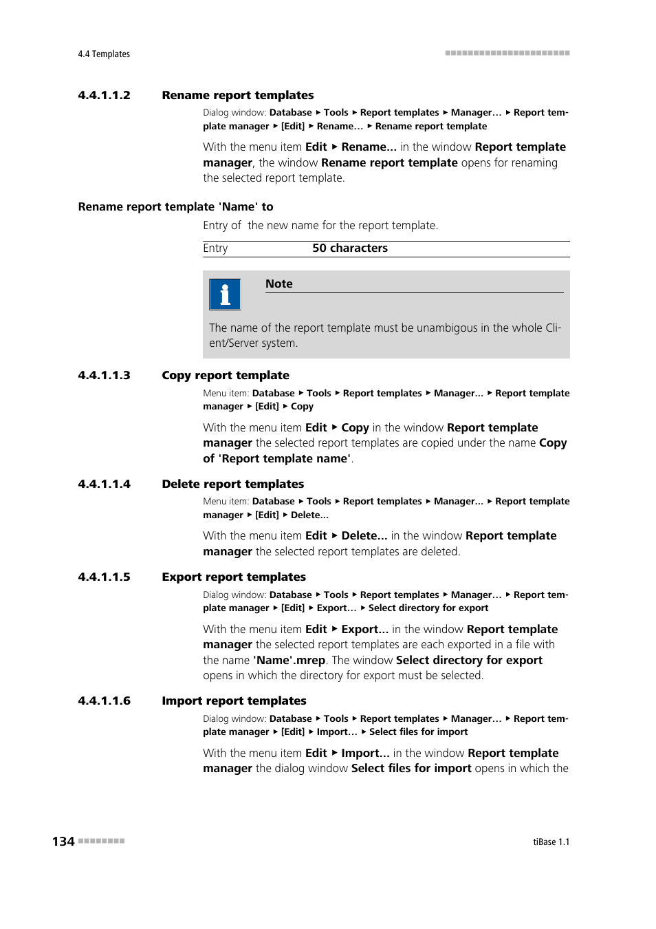 2 rename report templates, 3 copy report template, 4 delete report templates | 5 export report templates, 6 import report templates | Metrohm tiBase 1.1 User Manual | Page 142 / 349