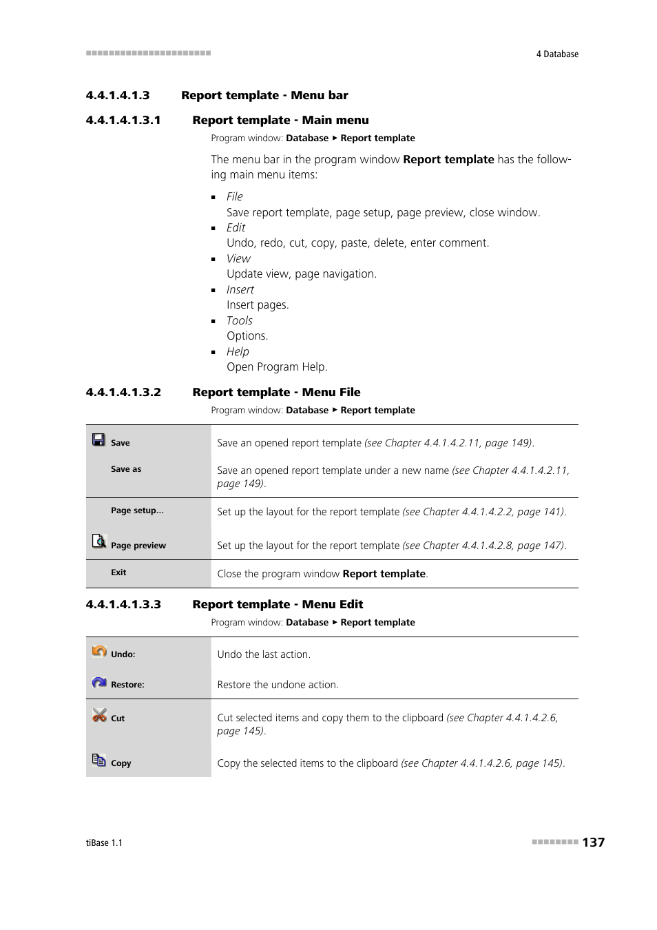 3 report template - menu bar, 1 report template - main menu, 2 report template - menu file | 3 report template - menu edit, Menu bar | Metrohm tiBase 1.1 User Manual | Page 145 / 349