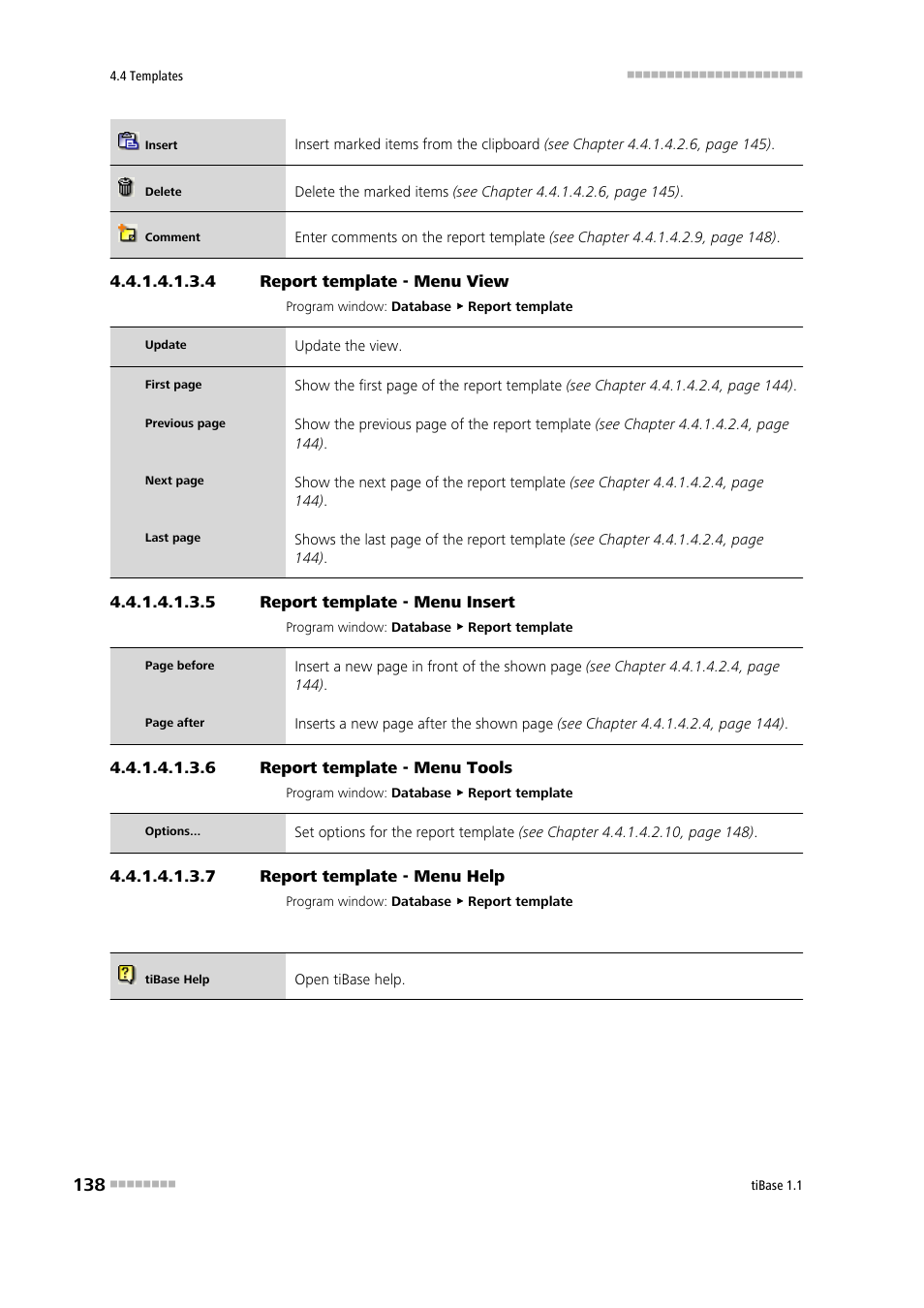 4 report template - menu view, 5 report template - menu insert, 6 report template - menu tools | 7 report template - menu help, View, Insert, Tools, Help | Metrohm tiBase 1.1 User Manual | Page 146 / 349