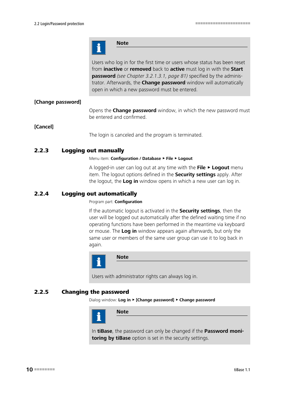 3 logging out manually, 4 logging out automatically, 5 changing the password | Logging out manually, Logging out automatically, Changing the password, Changing password | Metrohm tiBase 1.1 User Manual | Page 18 / 349