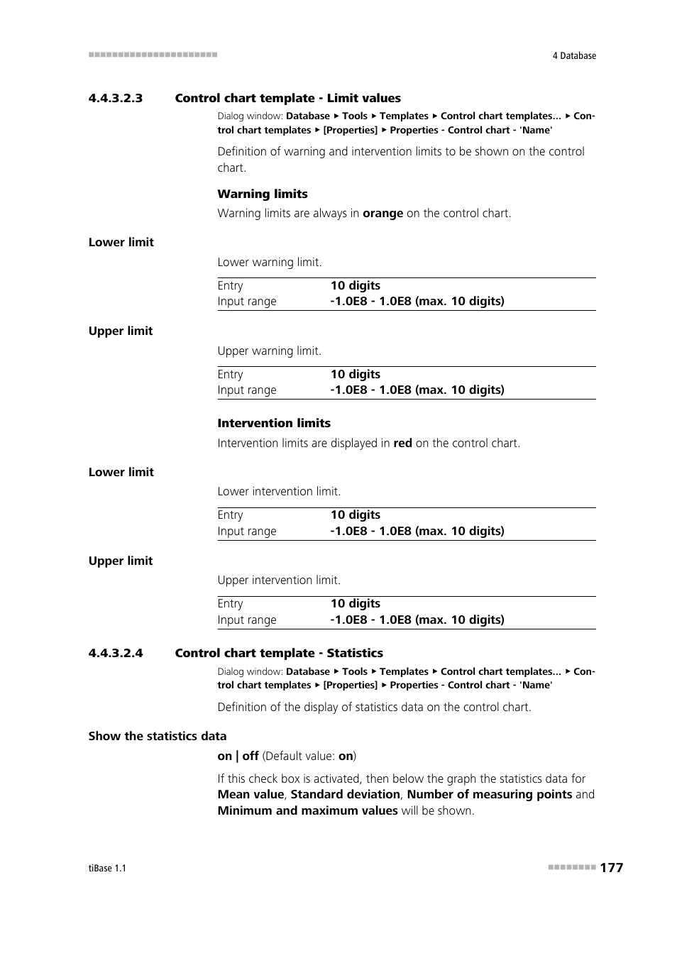 3 control chart template - limit values, 4 control chart template - statistics, Limits | Statistics | Metrohm tiBase 1.1 User Manual | Page 185 / 349