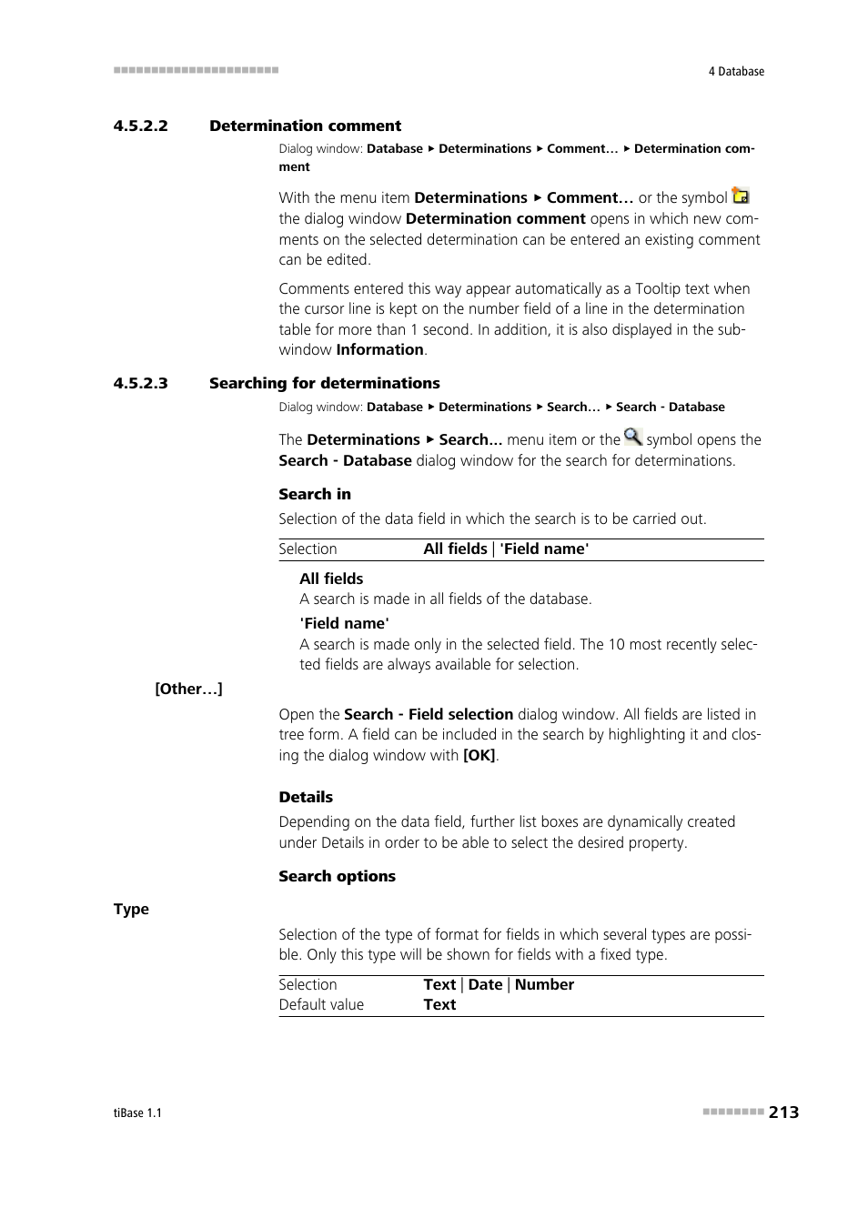 2 determination comment, 3 searching for determinations, Entering a determination comment | Search determinations | Metrohm tiBase 1.1 User Manual | Page 221 / 349