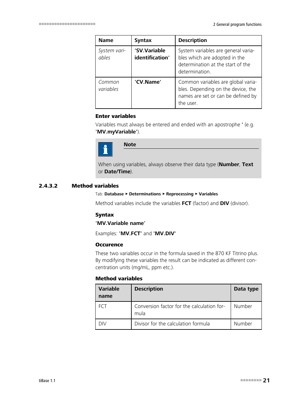 2 method variables, Method vari- ables | Metrohm tiBase 1.1 User Manual | Page 29 / 349