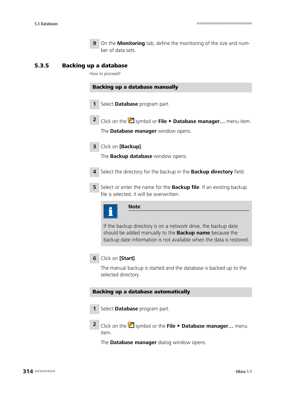 5 backing up a database, Backing up a database | Metrohm tiBase 1.1 User Manual | Page 322 / 349