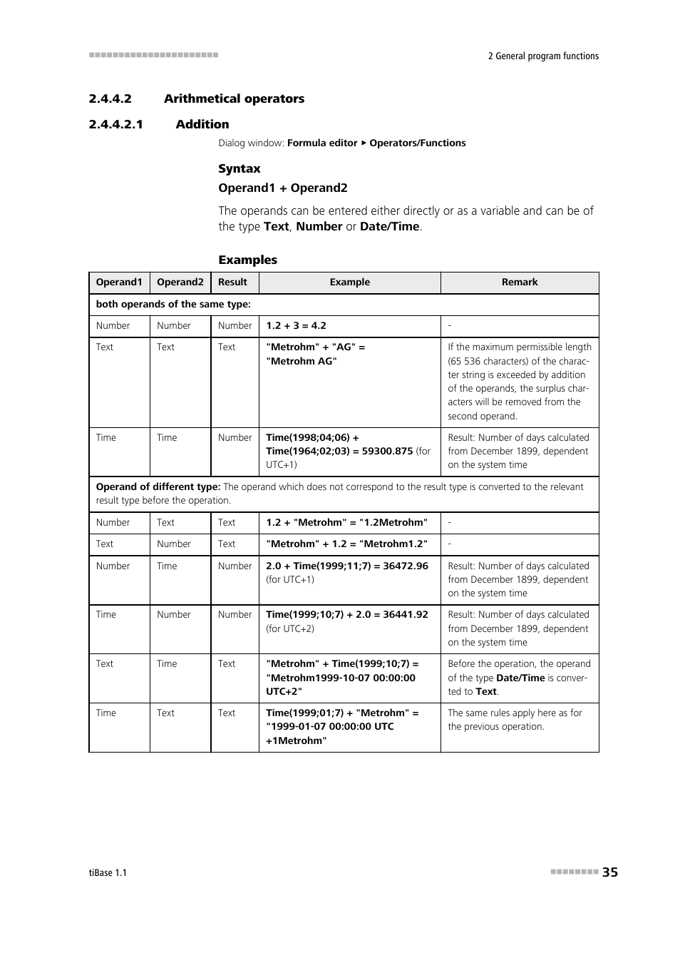 2 arithmetical operators, 1 addition, Addition | Addition (+) | Metrohm tiBase 1.1 User Manual | Page 43 / 349