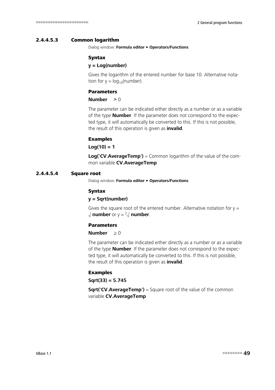 3 common logarithm, 4 square root, Common logarithm (log) | Square root | Metrohm tiBase 1.1 User Manual | Page 57 / 349