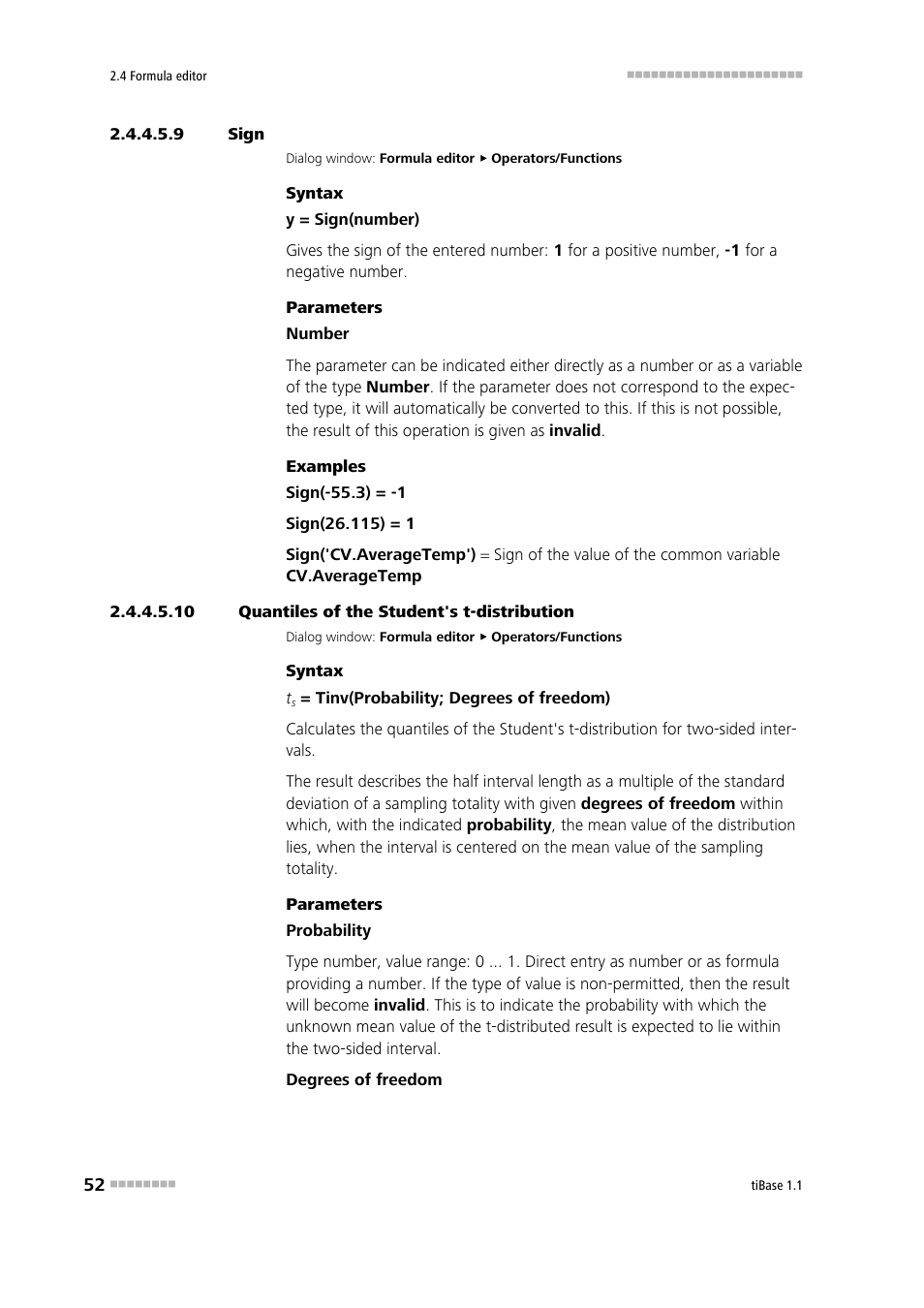 9 sign, 10 quantiles of the student's t-distribution, Sign | Quantiles of the student's t-distribution | Metrohm tiBase 1.1 User Manual | Page 60 / 349