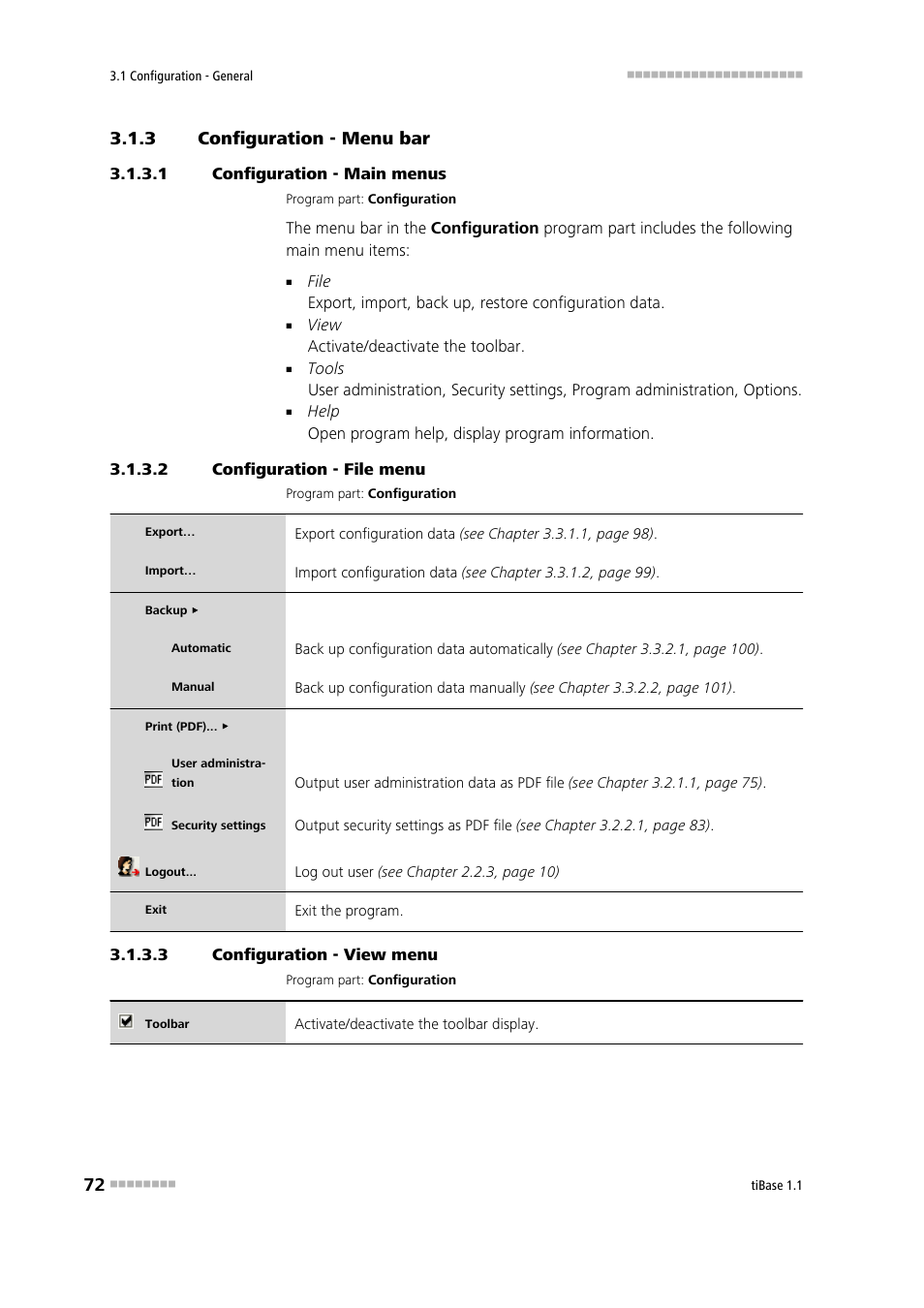 3 configuration - menu bar, 1 configuration - main menus, 2 configuration - file menu | 3 configuration - view menu, Configuration - menu bar | Metrohm tiBase 1.1 User Manual | Page 80 / 349