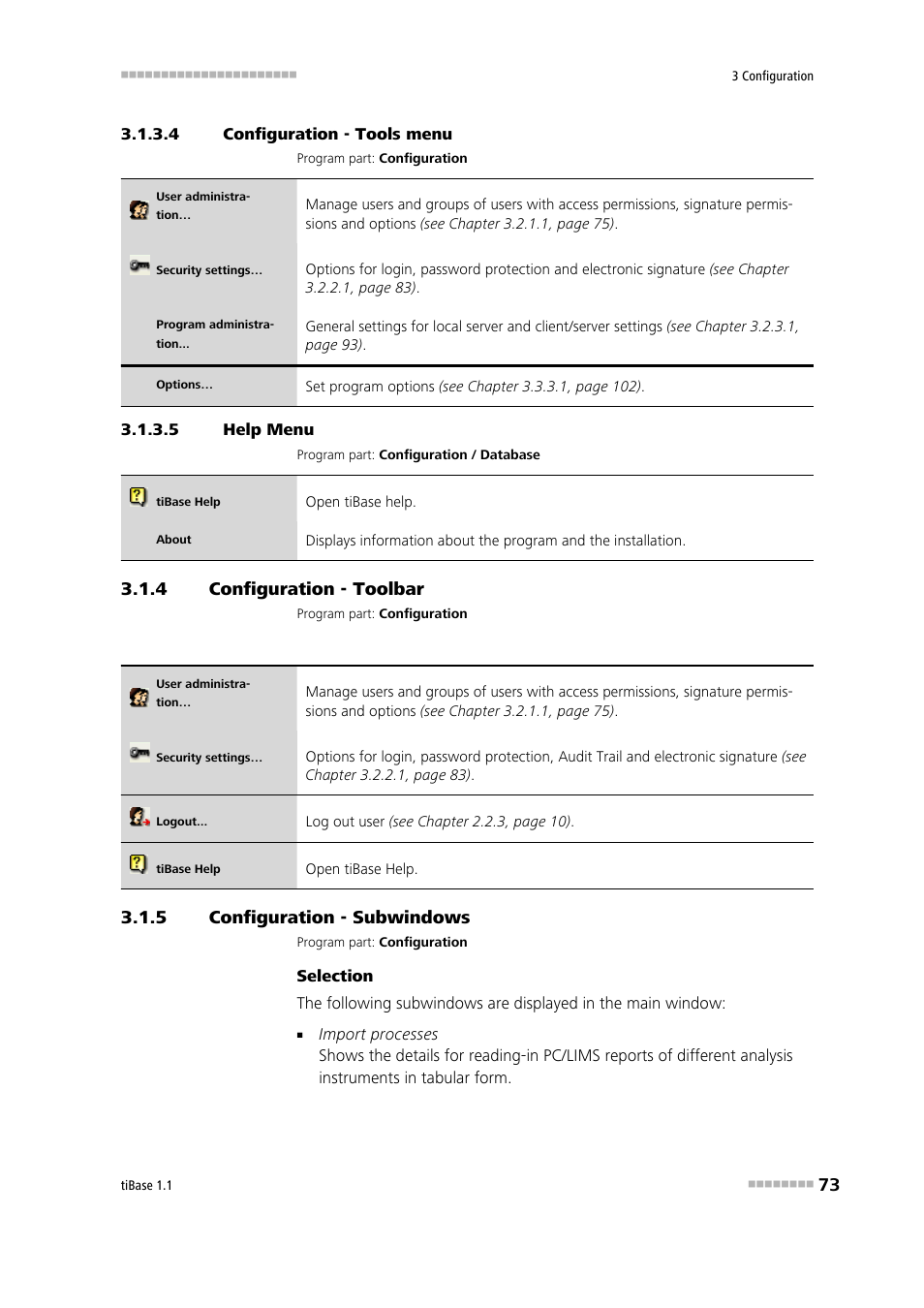 4 configuration - tools menu, 5 help menu, 4 configuration - toolbar | 5 configuration - subwindows, Configuration - toolbar, Configuration - subwindows, Tools, Help | Metrohm tiBase 1.1 User Manual | Page 81 / 349