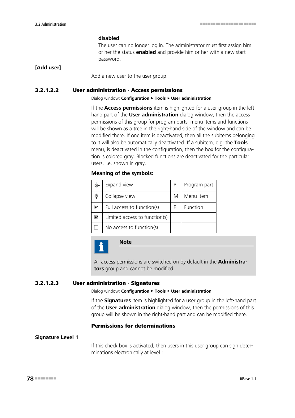 2 user administration - access permissions, 3 user administration - signatures, Access permissions | Signatures, Define access permissions for user groups, Define signature permissions for user groups | Metrohm tiBase 1.1 User Manual | Page 86 / 349