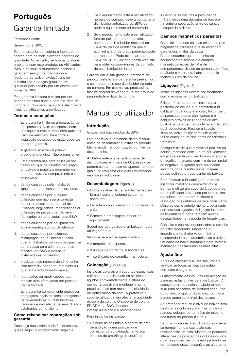 Português garantia limitada, Manual do utilizador | Bowers & Wilkins CM2 User Manual | Page 10 / 28