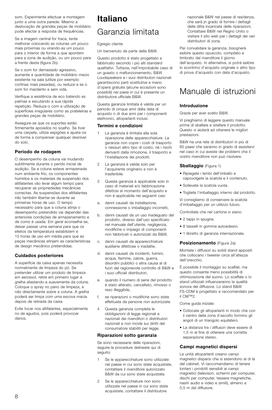 Italiano garanzia limitata, Manuale di istruzioni | Bowers & Wilkins CM2 User Manual | Page 11 / 28