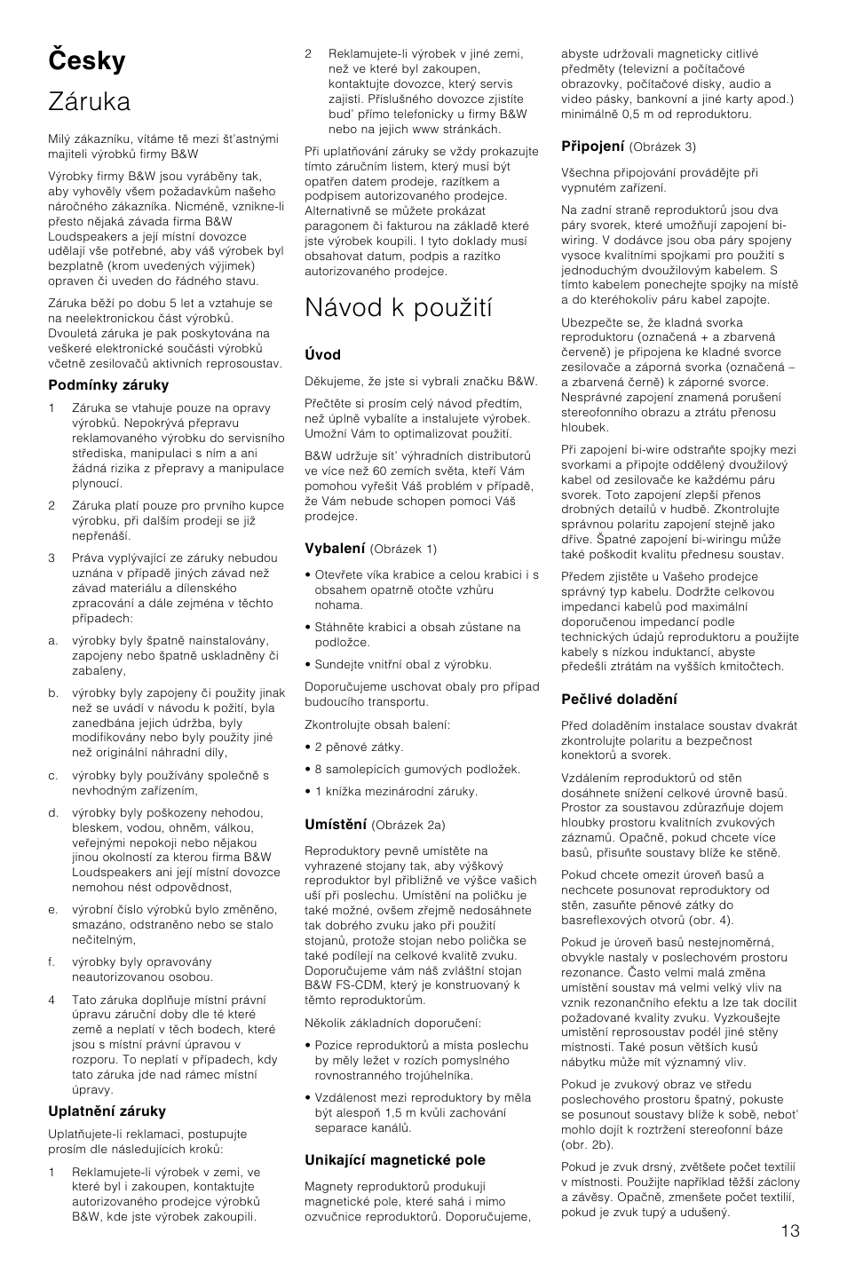 Esky záruka, Návod k pouãití | Bowers & Wilkins CM2 User Manual | Page 16 / 28