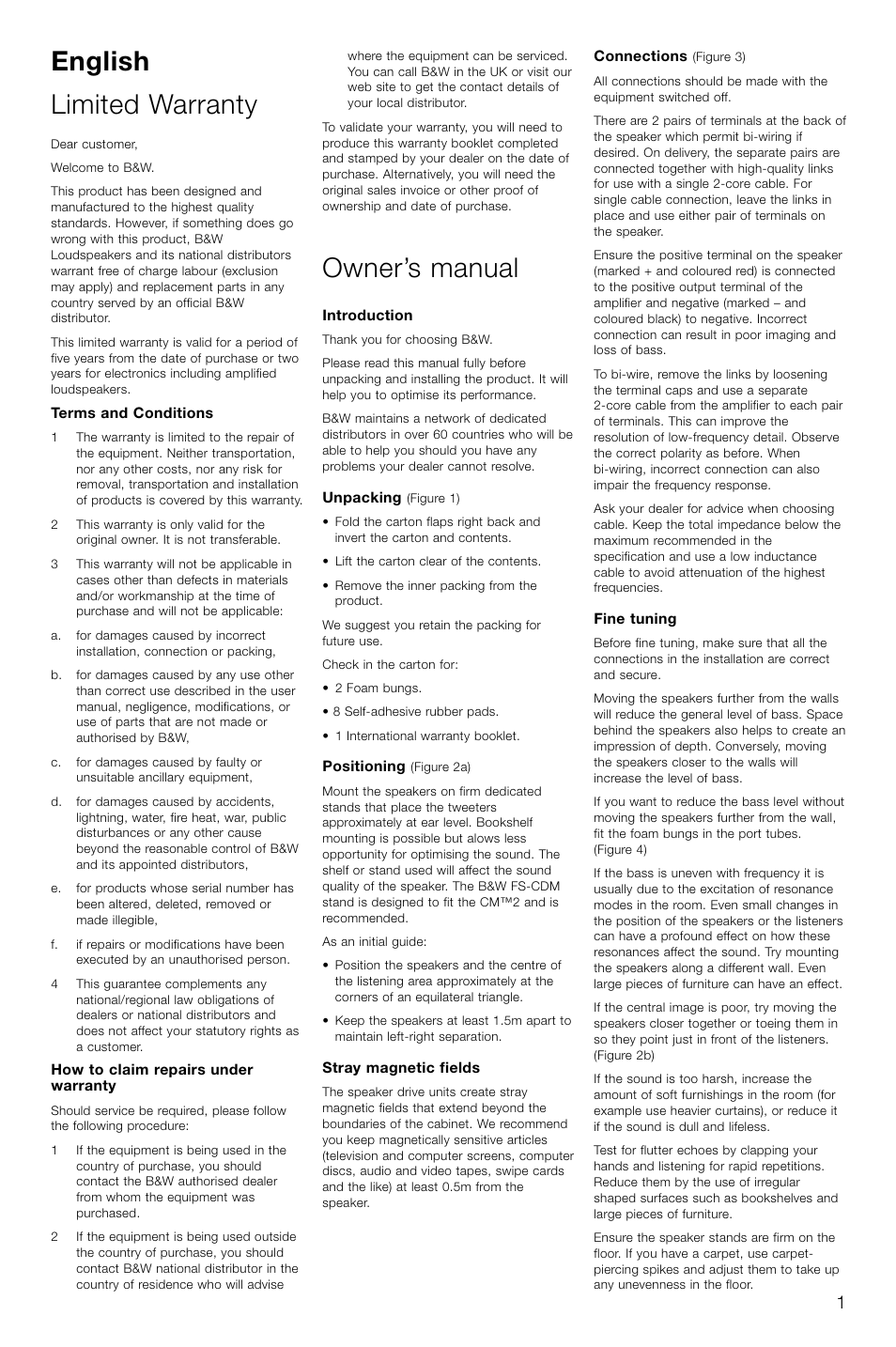 English limited warranty, Owner’s manual | Bowers & Wilkins CM2 User Manual | Page 4 / 28