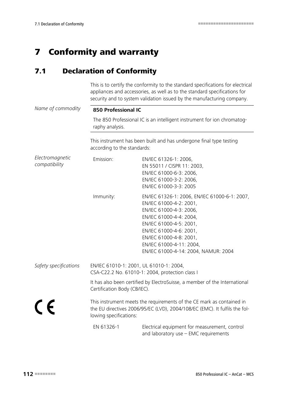 7 conformity and warranty, 1 declaration of conformity, Declaration of conformity | Metrohm 850 Professional IC AnCat MCS User Manual | Page 122 / 143