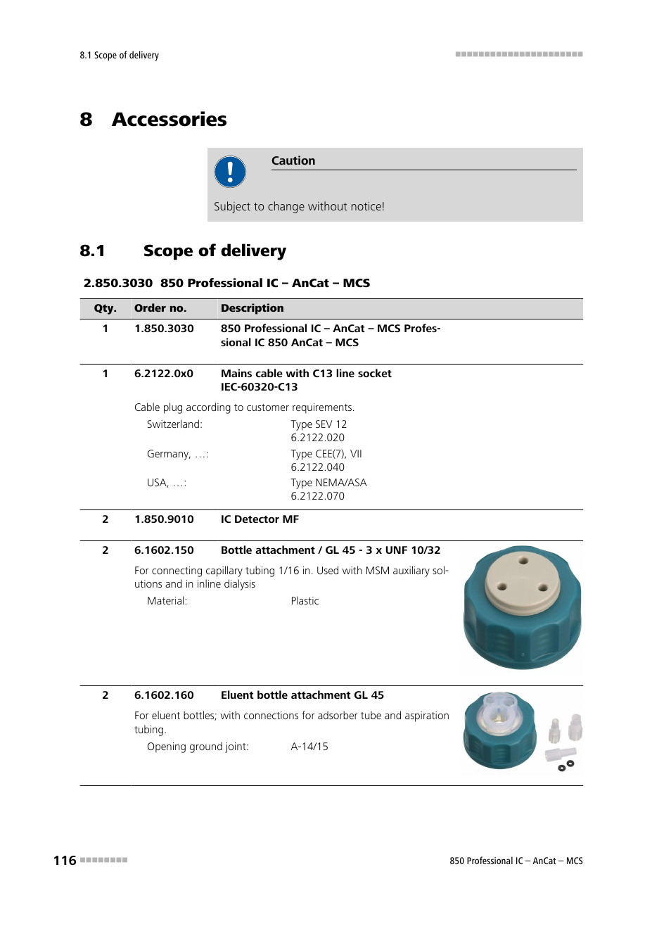 8 accessories, 1 scope of delivery, Scope of delivery | Metrohm 850 Professional IC AnCat MCS User Manual | Page 126 / 143