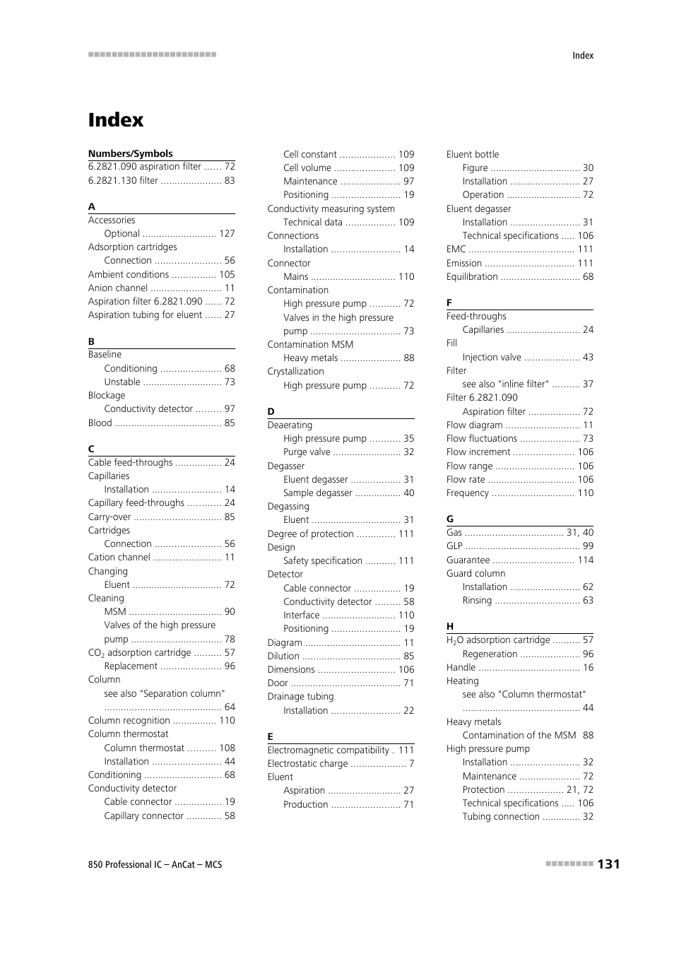 Index | Metrohm 850 Professional IC AnCat MCS User Manual | Page 141 / 143