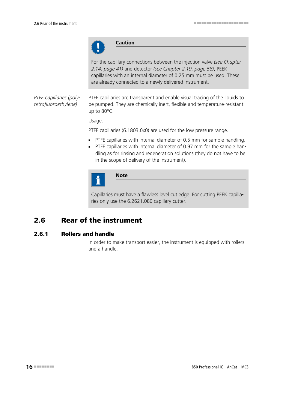 6 rear of the instrument, 1 rollers and handle, Rear of the instrument | Rollers and handle | Metrohm 850 Professional IC AnCat MCS User Manual | Page 26 / 143