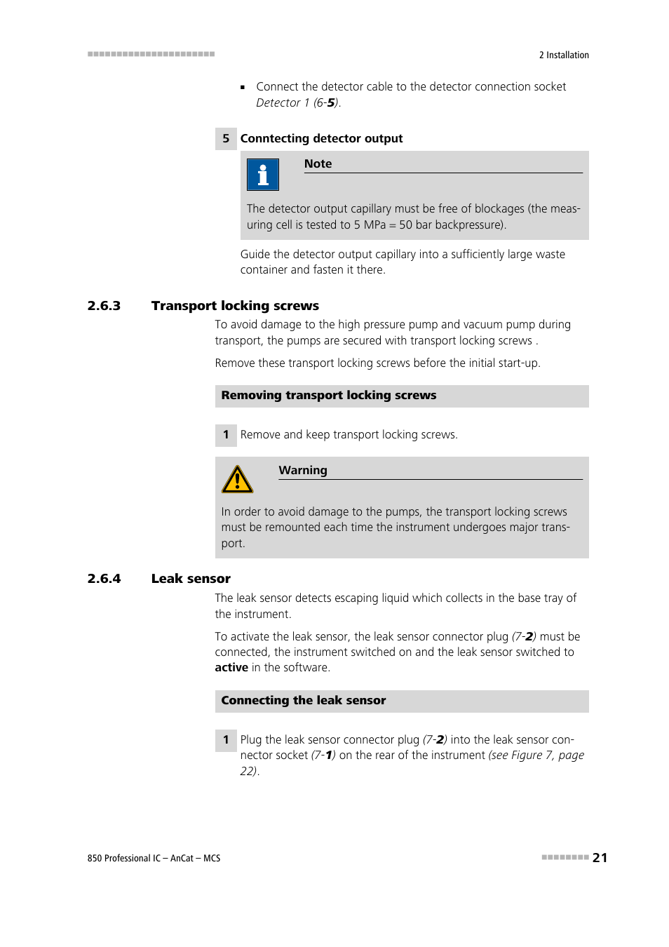 3 transport locking screws, 4 leak sensor, Transport locking screws | Leak sensor | Metrohm 850 Professional IC AnCat MCS User Manual | Page 31 / 143