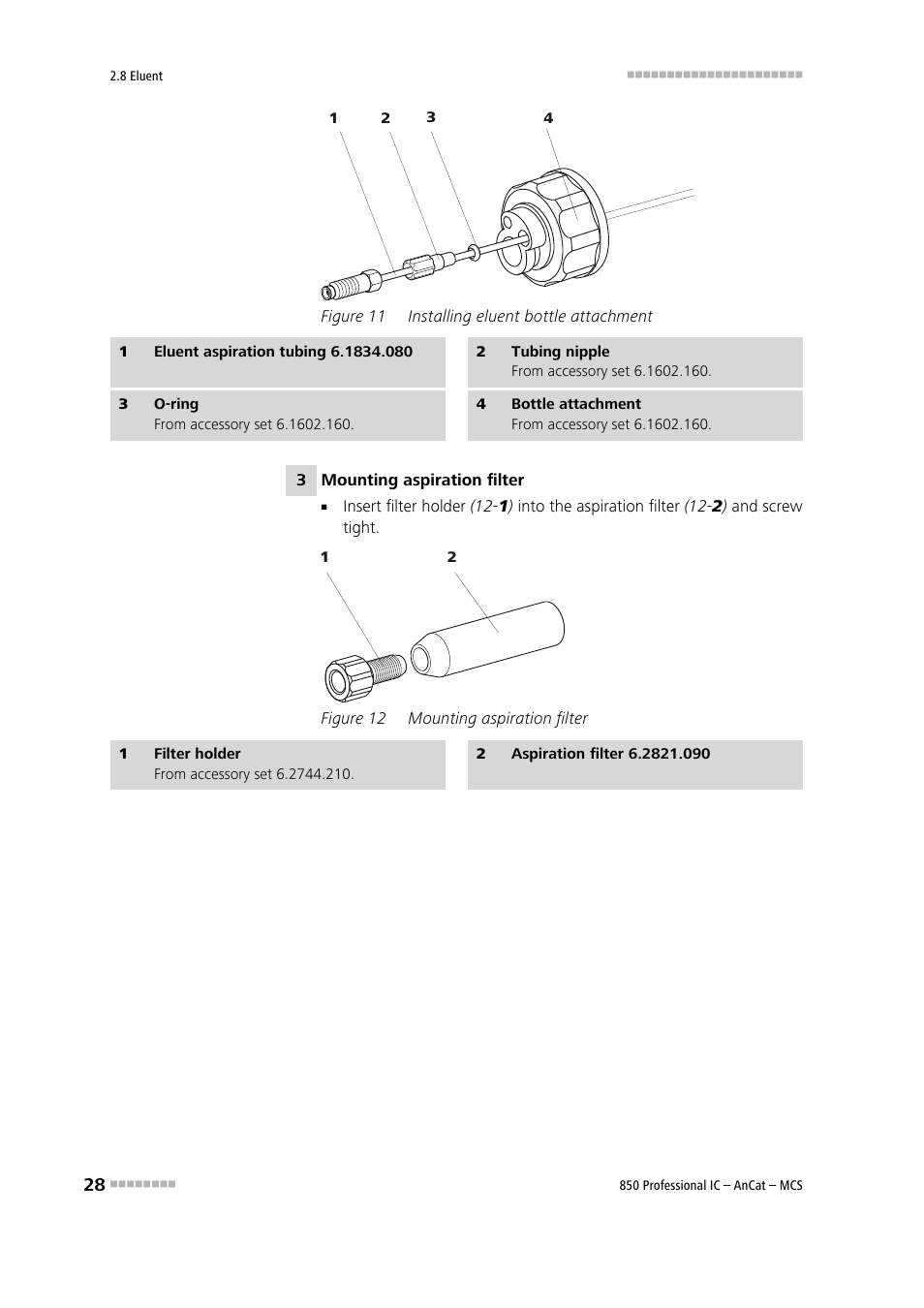 Figure 11, Installing eluent bottle attachment, Figure 12 | Mounting aspiration filter | Metrohm 850 Professional IC AnCat MCS User Manual | Page 38 / 143