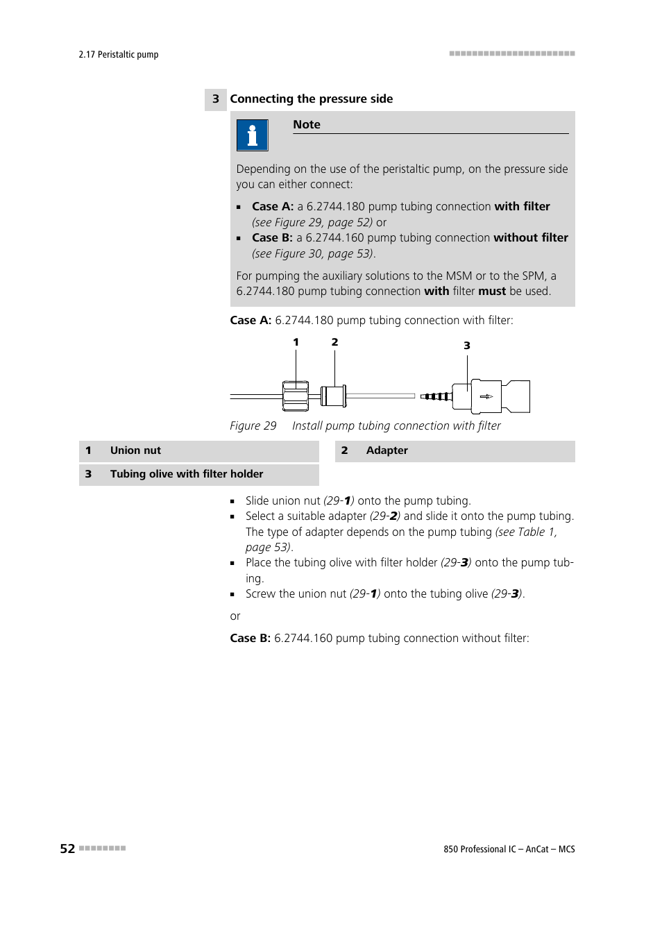 Figure 29, Install pump tubing connection with filter | Metrohm 850 Professional IC AnCat MCS User Manual | Page 62 / 143