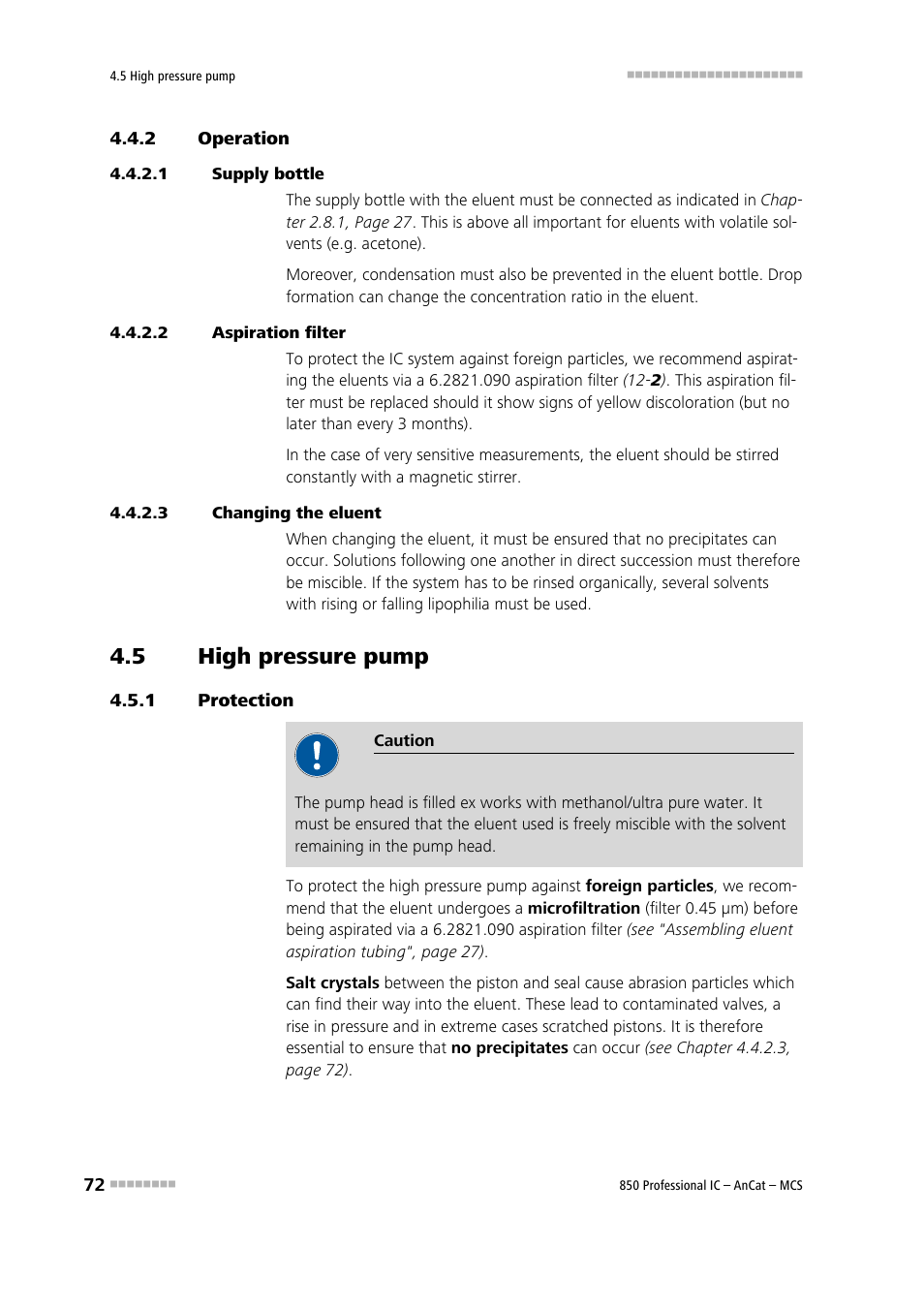 2 operation, 1 supply bottle, 2 aspiration filter | 3 changing the eluent, 5 high pressure pump, 1 protection, Operation, High pressure pump, Protection | Metrohm 850 Professional IC AnCat MCS User Manual | Page 82 / 143